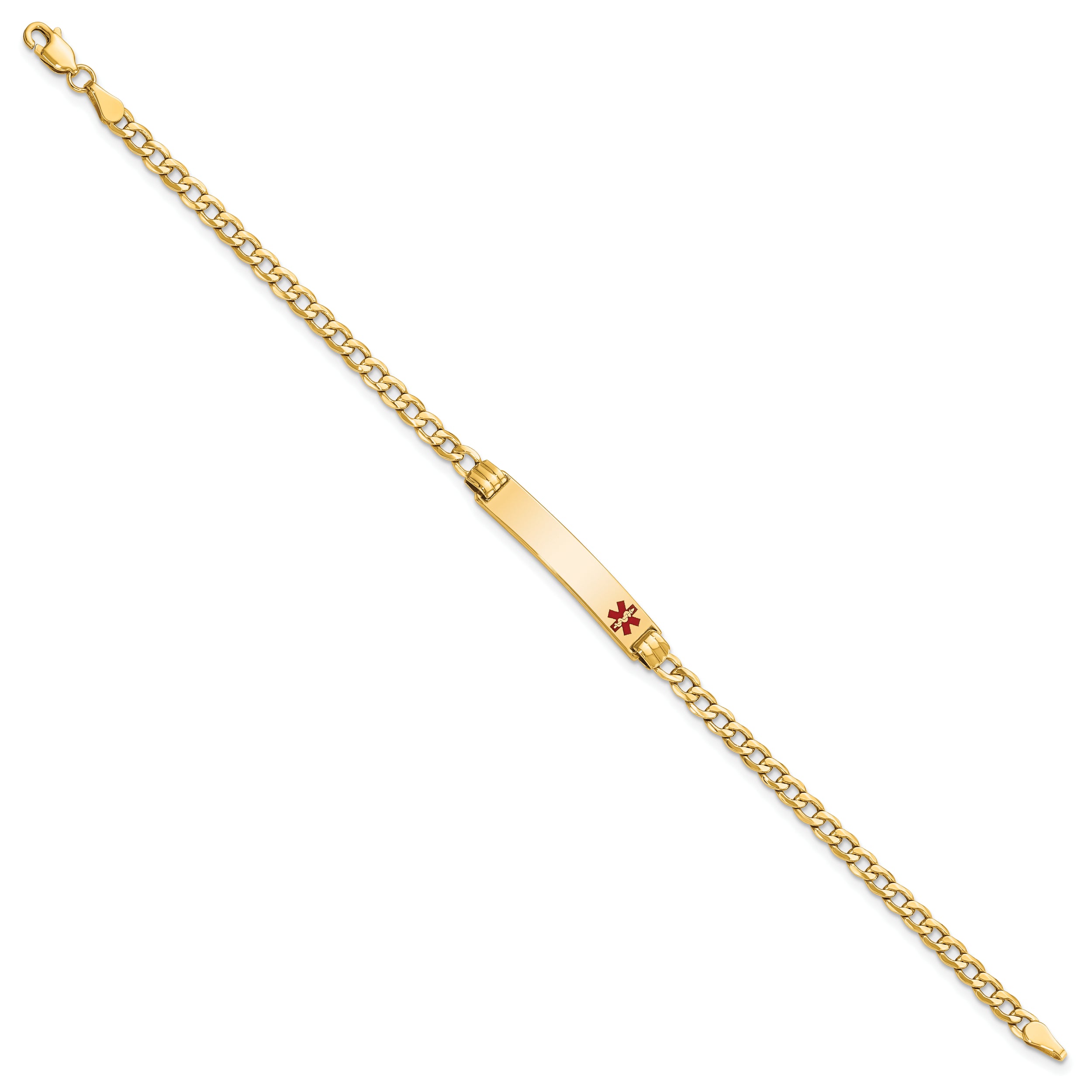 10K Yellow Gold Semi-Solid Medical Red Enamel Cuban Link Id Bracelet