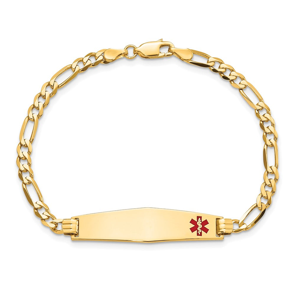 10K Yellow Gold 10K Medical Soft Diamond Shape Red Enamel Flat Figaro Link Id Bracelet