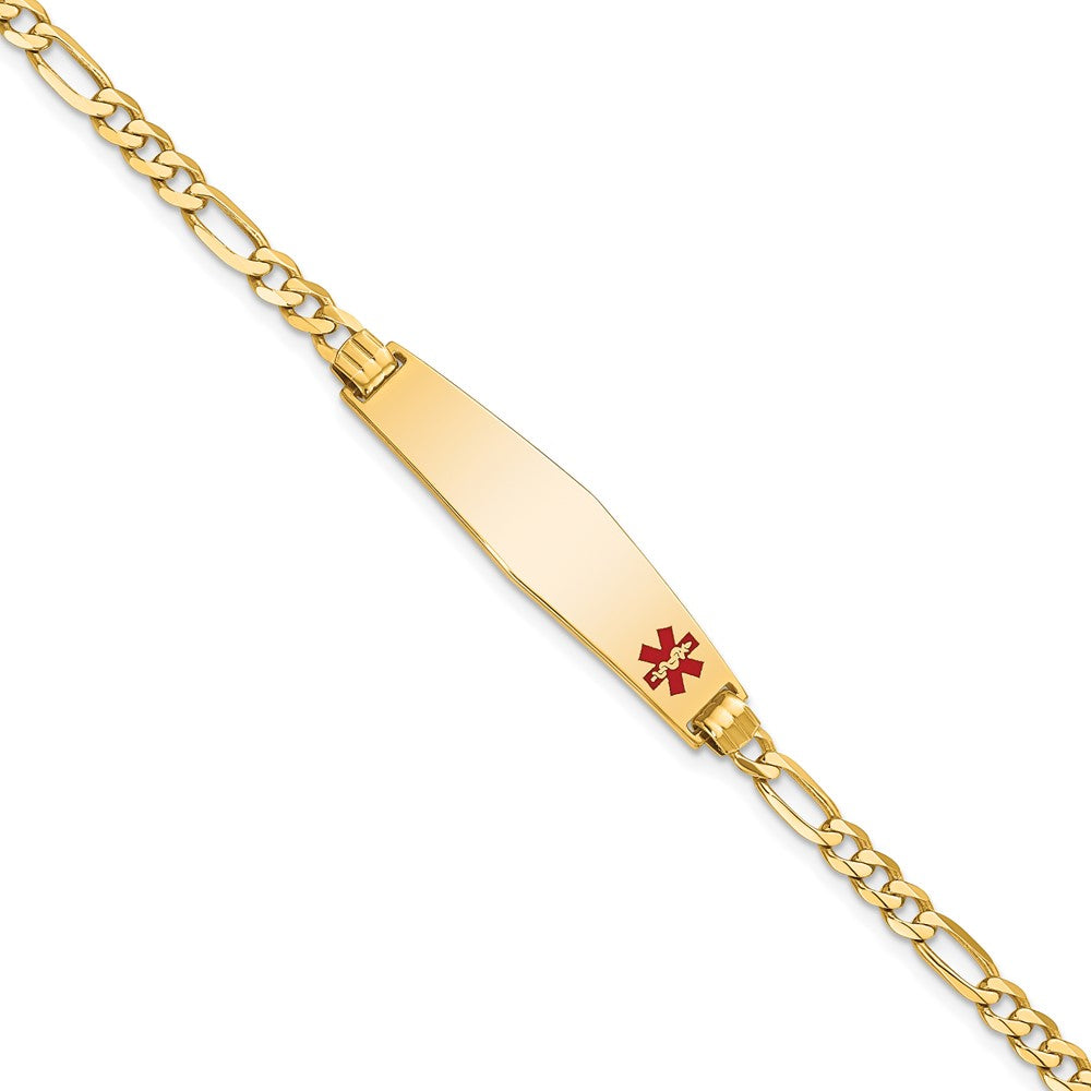 10K Yellow Gold Medical Soft Diamond Shape Red Enamel Flat Figaro Link Id Chain Bracelet
