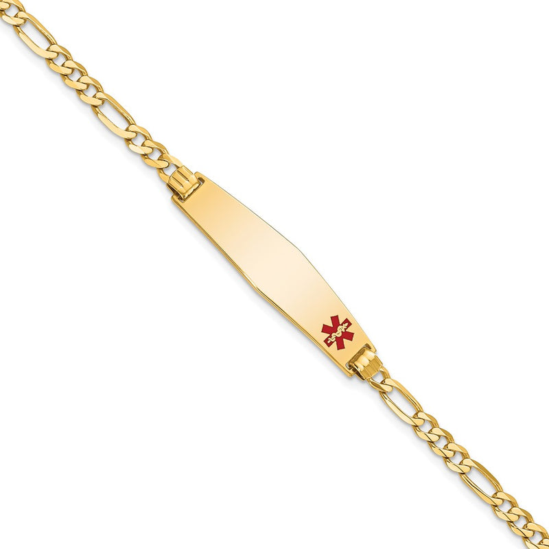 10K Yellow Gold Medical Soft Diamond Shape Red Enamel Flat Figaro Link Id Chain Bracelet