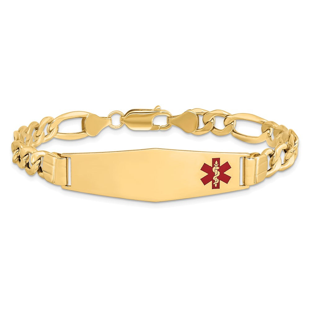 10K Yellow Gold Semi-Solid Medical Soft Diamond Shape Red Enamel Figaro Id Chain Bracelet
