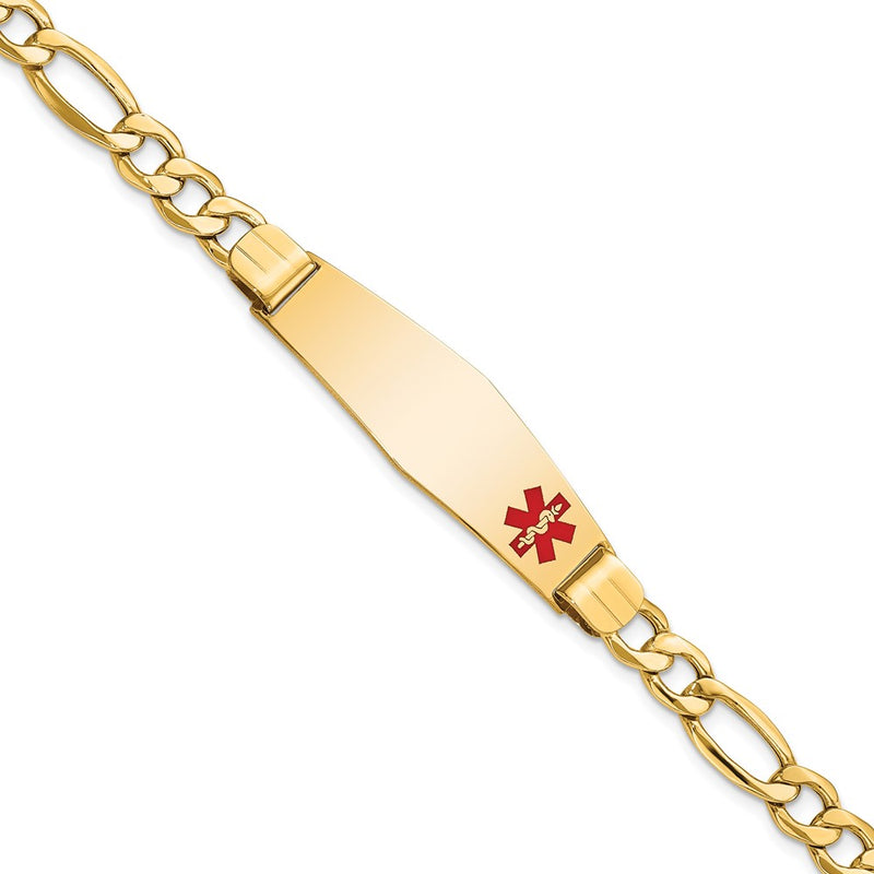 10K Yellow Gold Semi-Solid Medical Soft Diamond Shape Red Enamel Figaro Id Chain Bracelet