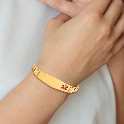 10K Yellow Gold Semi-Solid Medical Soft Diamond Shape Red Enamel Curb Link Id Chain Bracelet