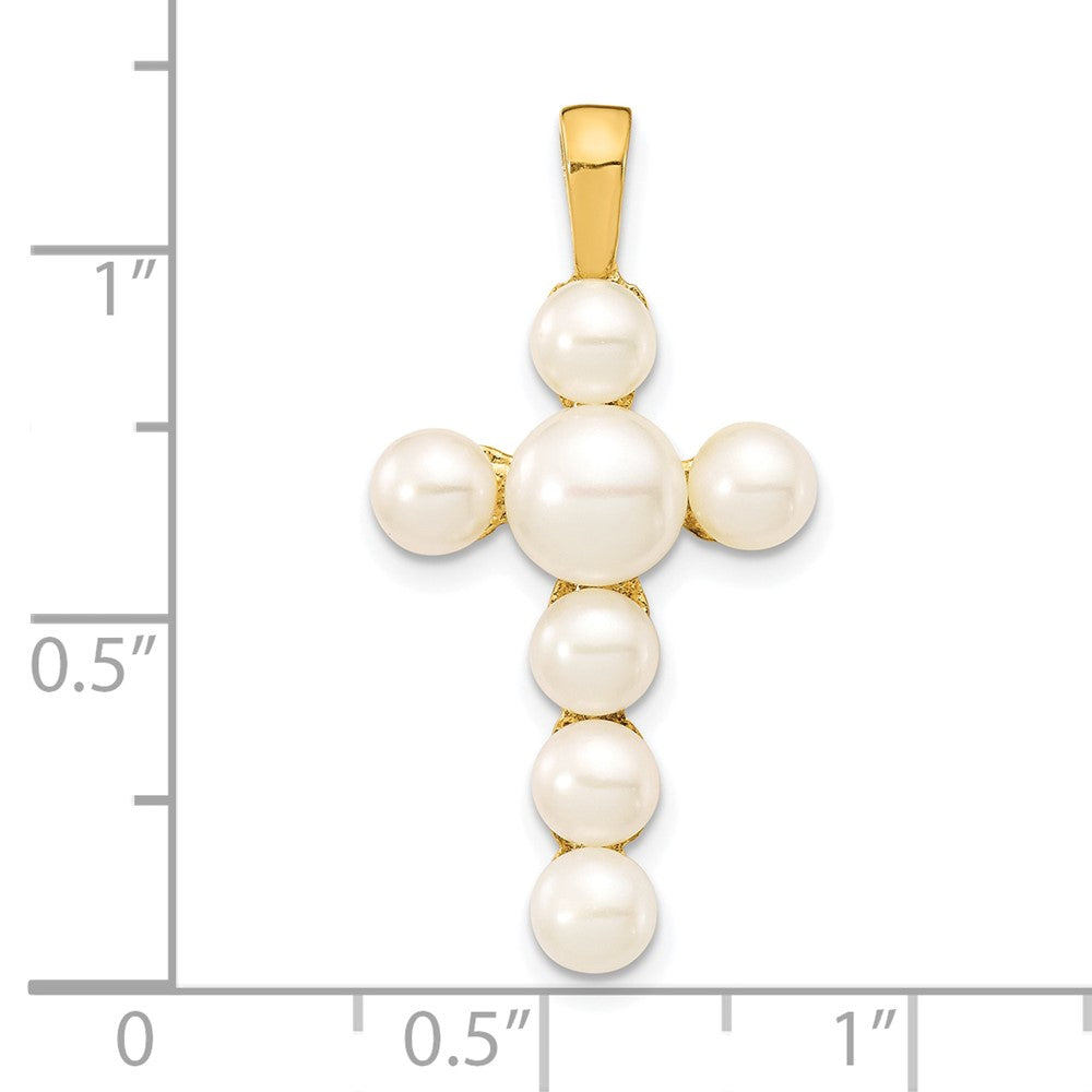 10K Yellow Gold 10K 4-6mm White Button Freshwater Cultured Pearl Cross Pendant