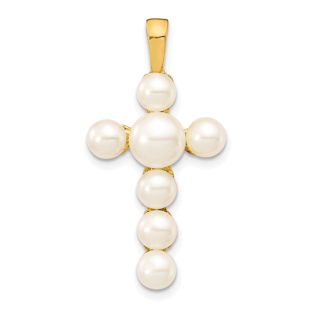 10K Yellow Gold 10K 4-6mm White Button Freshwater Cultured Pearl Cross Pendant