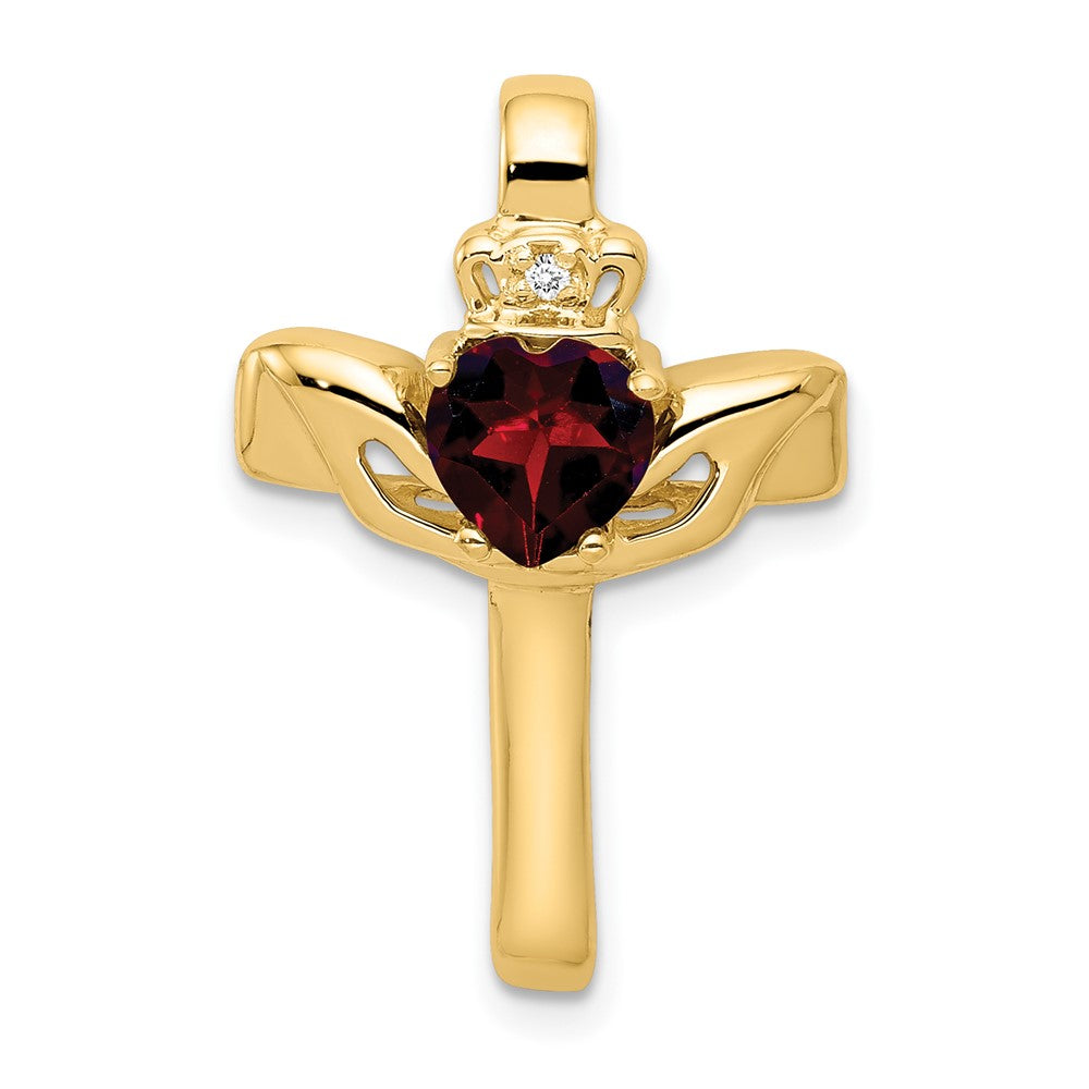 10K Yellow Gold Garnet & Aa Diamond Claddagh Cross Pendant
