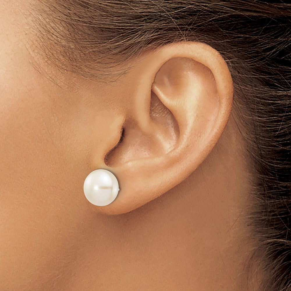 10K White Gold 10-11mm Button Freshwater Cultured Pearl Stud Post Earrings
