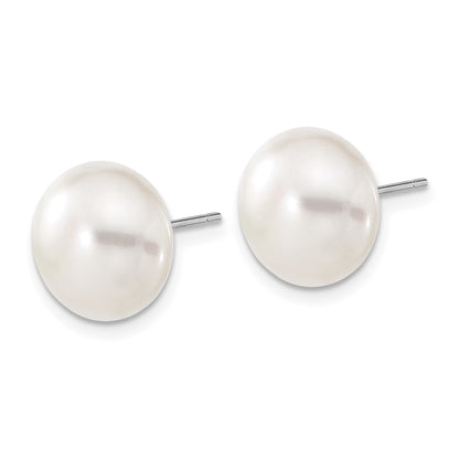 10K White Gold 11-12mm Button Freshwater Cultured Pearl Stud Post Earrings