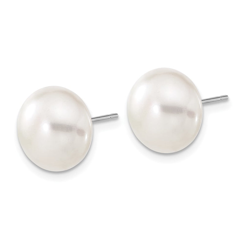 10K White Gold 11-12mm Button Freshwater Cultured Pearl Stud Post Earrings