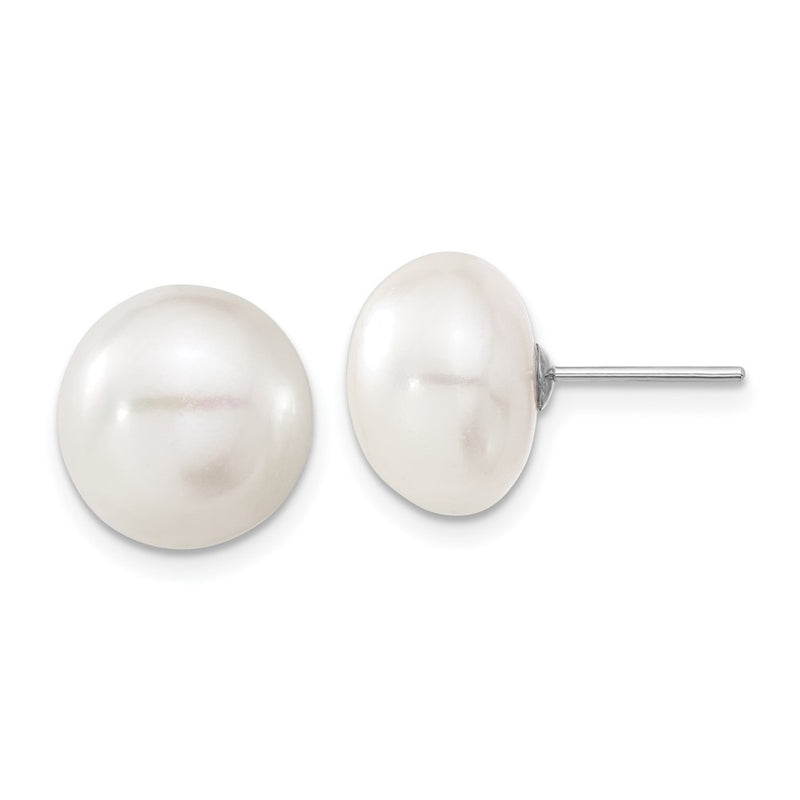 10K White Gold 11-12mm Button Freshwater Cultured Pearl Stud Post Earrings