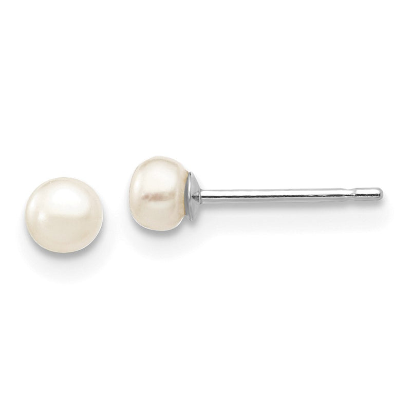 10K White Gold 3-4mm Button Freshwater Cultured Pearl Stud Post Earrings