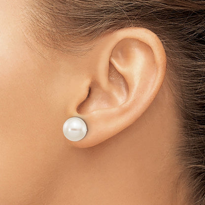 10K White Gold 9-10mm Round Freshwater Cultured Pearl Stud Post Earrings