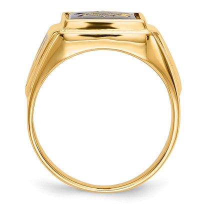 10K Yellow Gold Men'S Polished And Textured With Black Enamel Lab Created Ruby Masonic Ring