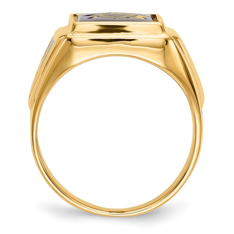 10K Yellow Gold Men'S Polished And Textured With Black Enamel Lab Created Ruby Masonic Ring