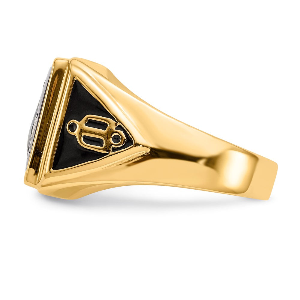 10K Yellow Gold Men'S Polished And Textured With Black Enamel Lab Created Ruby Masonic Ring