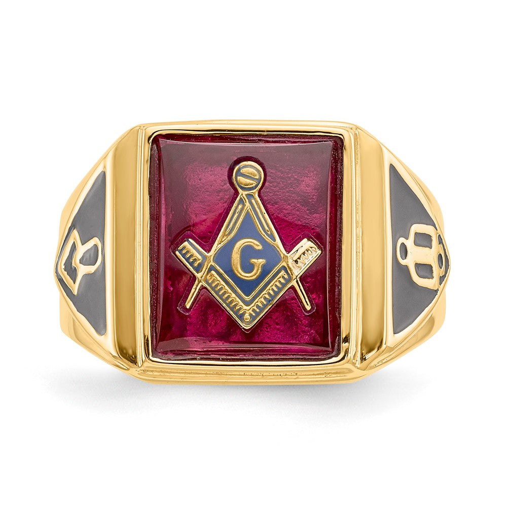 10K Yellow Gold Men'S Polished And Textured With Black Enamel Lab Created Ruby Masonic Ring