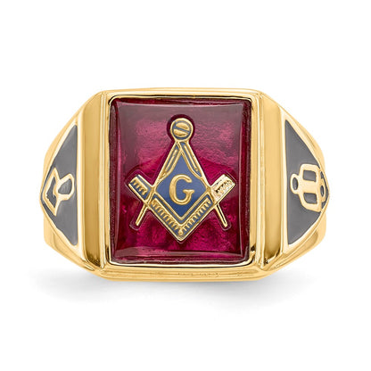 10K Yellow Gold Men'S Polished And Textured With Black Enamel Lab Created Ruby Masonic Ring