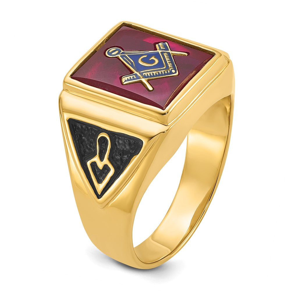 10K Yellow Gold Men'S Polished And Textured With Black Enamel Lab Created Ruby Masonic Ring