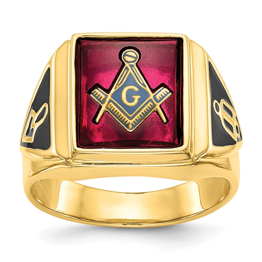 10K Yellow Gold Men'S Polished And Textured With Black Enamel Lab Created Ruby Masonic Ring