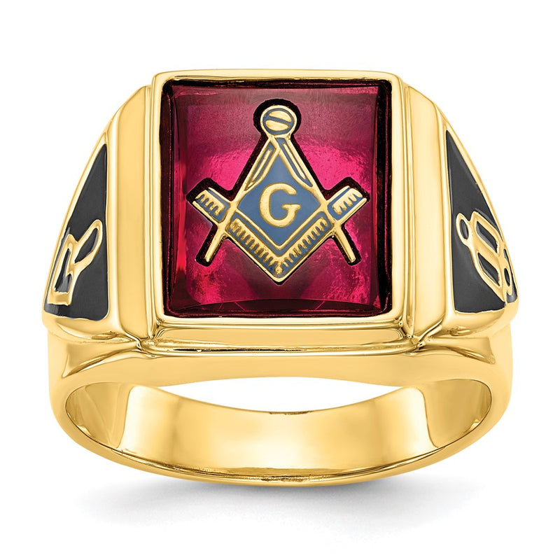 10K Yellow Gold Men'S Polished And Textured With Black Enamel Lab Created Ruby Masonic Ring