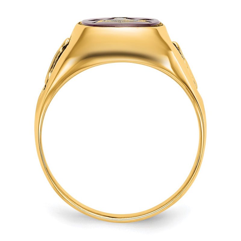 10K Yellow Gold Men'S Polished And Textured With Black Enamel Lab Created Ruby Masonic Ring