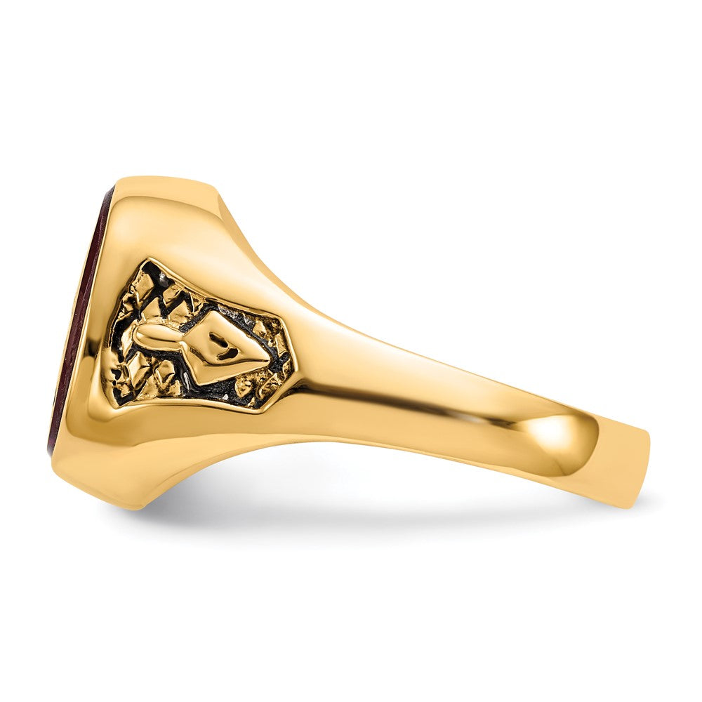 10K Yellow Gold Men'S Polished And Textured With Black Enamel Lab Created Ruby Masonic Ring
