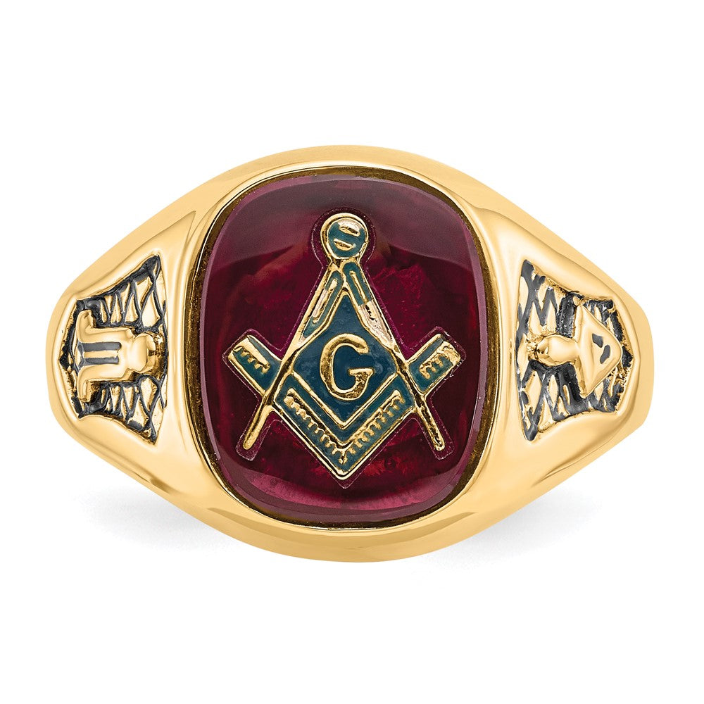 10K Yellow Gold Men'S Polished And Textured With Black Enamel Lab Created Ruby Masonic Ring