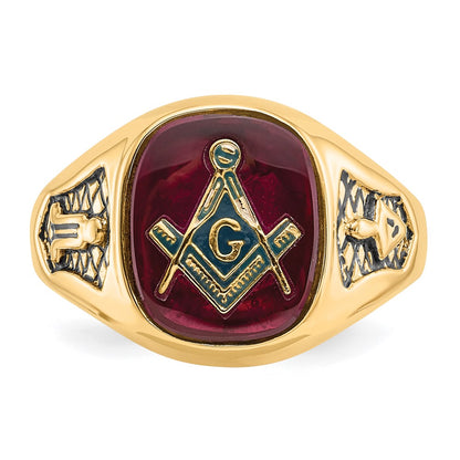 10K Yellow Gold Men'S Polished And Textured With Black Enamel Lab Created Ruby Masonic Ring
