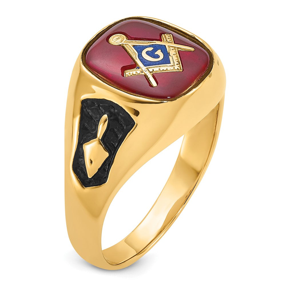10K Yellow Gold Men'S Polished And Textured With Black Enamel Lab Created Ruby Masonic Ring
