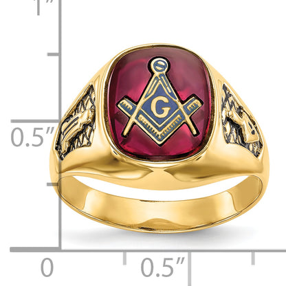 10K Yellow Gold Men'S Polished And Textured With Black Enamel Lab Created Ruby Masonic Ring
