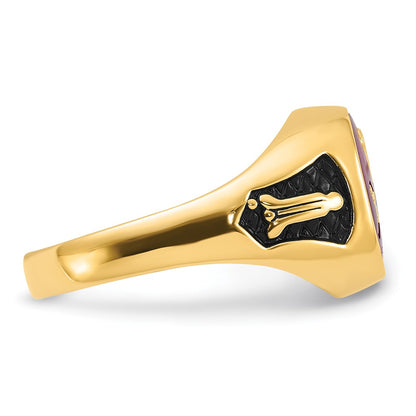 10K Yellow Gold Men'S Polished And Textured With Black Enamel Lab Created Ruby Masonic Ring