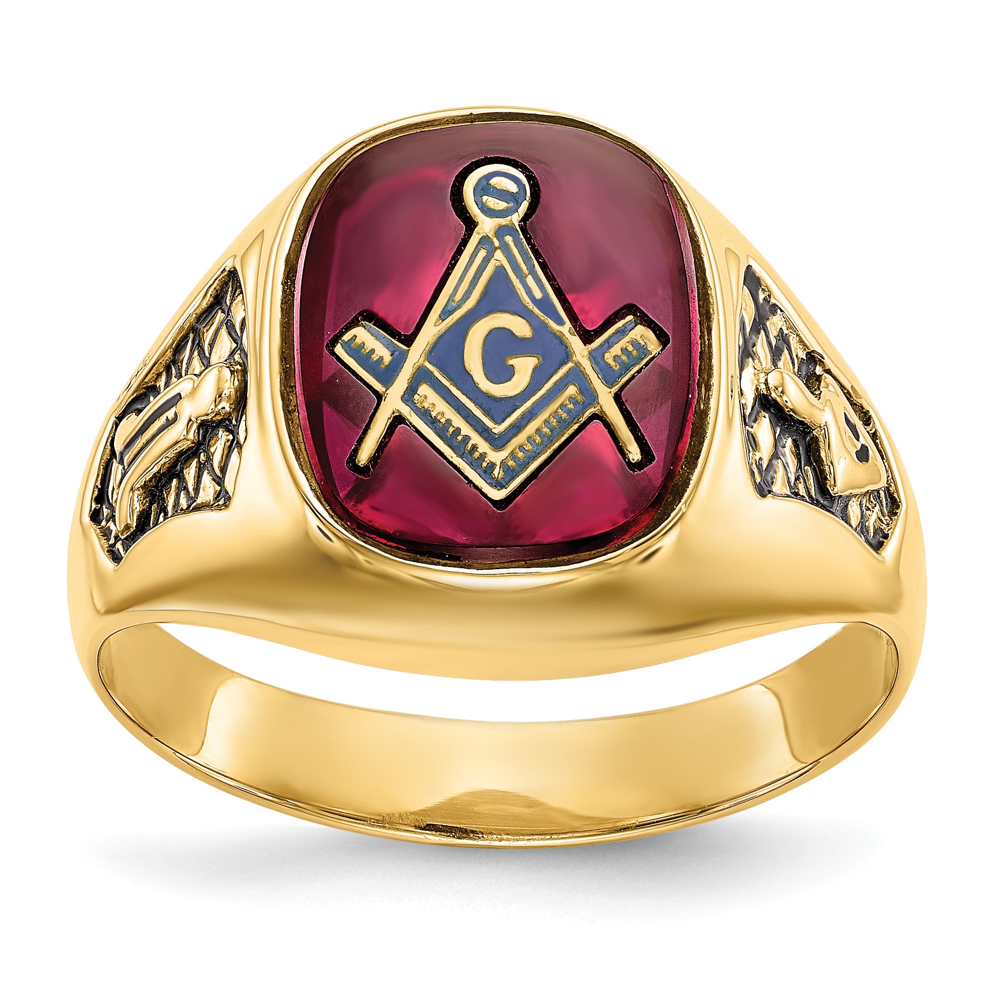 10K Yellow Gold Men'S Polished And Textured With Black Enamel Lab Created Ruby Masonic Ring