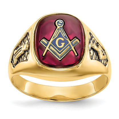10K Yellow Gold Men'S Polished And Textured With Black Enamel Lab Created Ruby Masonic Ring