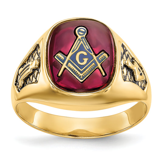 10K Yellow Gold Men'S Polished And Textured With Black Enamel Lab Created Ruby Masonic Ring