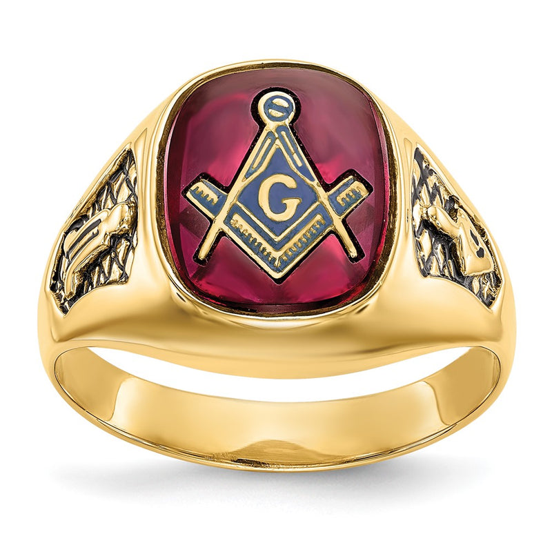 10K Yellow Gold Men'S Polished And Textured With Black Enamel Lab Created Ruby Masonic Ring