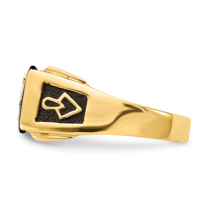 10K Yellow Gold Men'S Polished And Textured With Black Enamel, Imitation Blue Spinel Aa Quality Diamond Masonic Ring