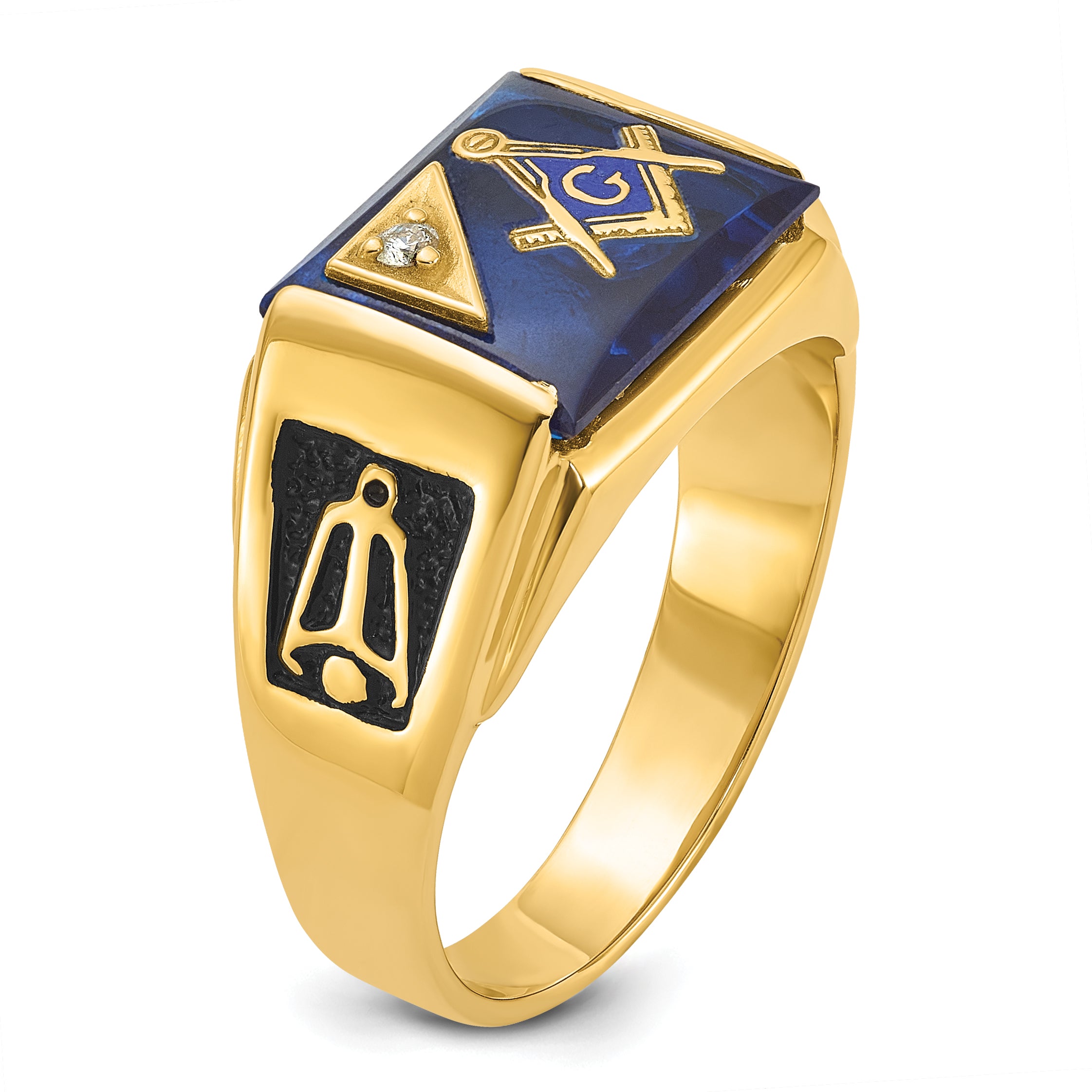 10K Yellow Gold Men'S Polished And Textured With Black Enamel, Imitation Blue Spinel Aa Quality Diamond Masonic Ring