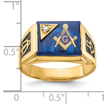10K Yellow Gold Men'S Polished And Textured With Black Enamel, Imitation Blue Spinel Aa Quality Diamond Masonic Ring