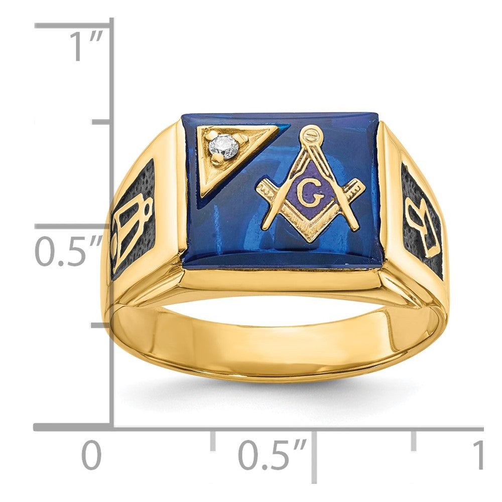 10K Yellow Gold Men'S Polished And Textured With Black Enamel, Imitation Blue Spinel Aa Quality Diamond Masonic Ring