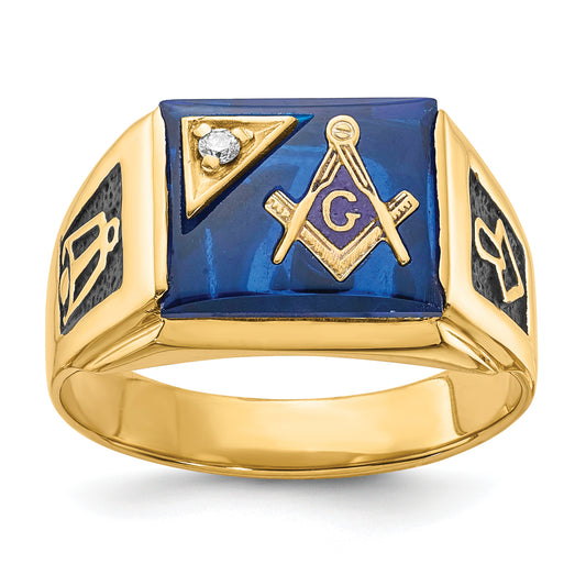 10K Yellow Gold Men'S Polished And Textured With Black Enamel, Imitation Blue Spinel Aa Quality Diamond Masonic Ring