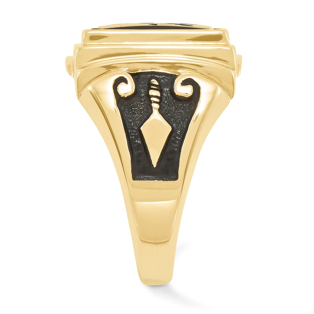 10K Yellow Gold Men'S Polished And Textured With Black Enamel Onyx Masonic Ring