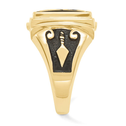 10K Yellow Gold Men'S Polished And Textured With Black Enamel Onyx Masonic Ring