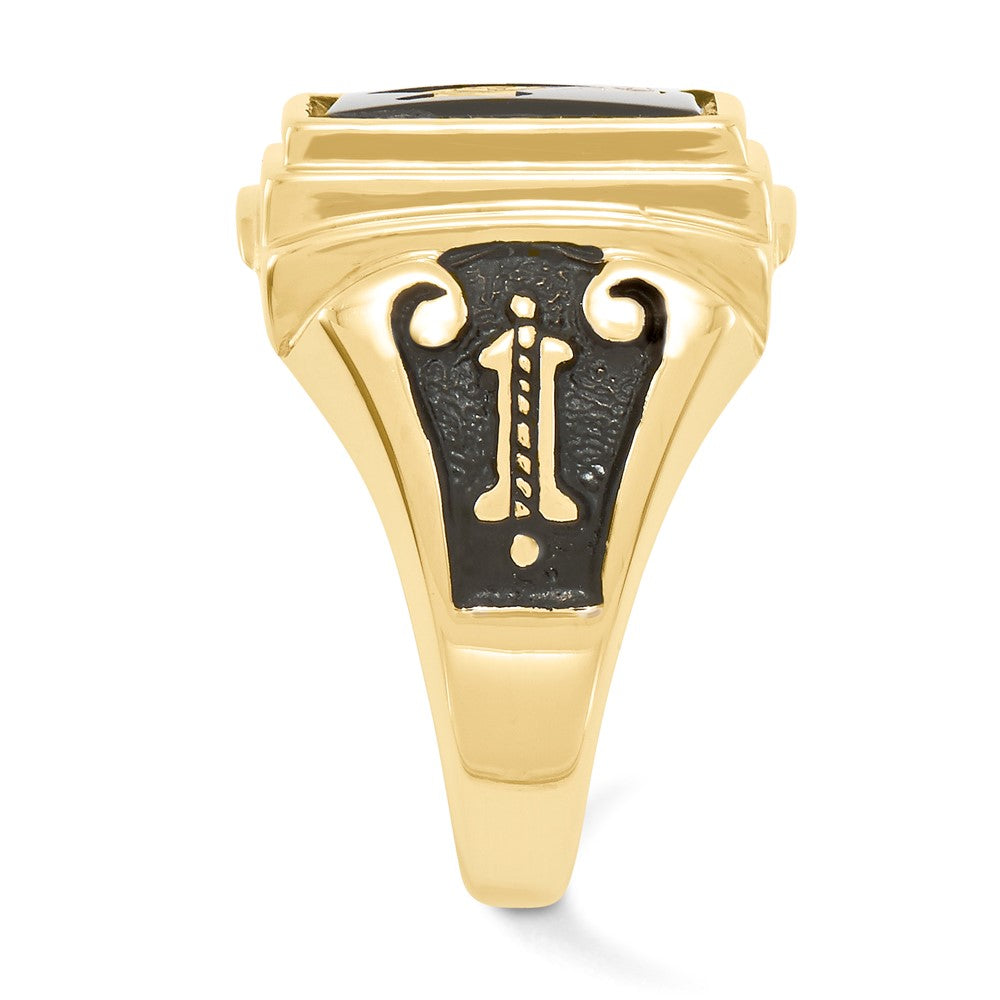 10K Yellow Gold Men'S Polished And Textured With Black Enamel Onyx Masonic Ring