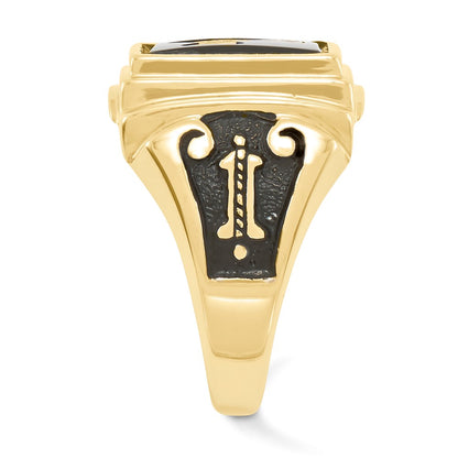 10K Yellow Gold Men'S Polished And Textured With Black Enamel Onyx Masonic Ring