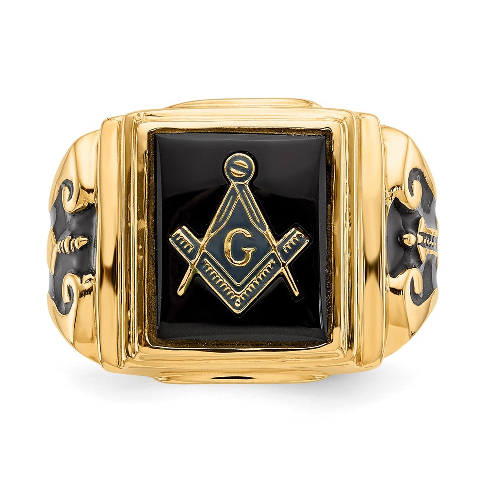 10K Yellow Gold Men'S Polished And Textured With Black Enamel Onyx Masonic Ring