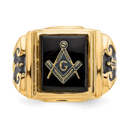 10K Yellow Gold Men'S Polished And Textured With Black Enamel Onyx Masonic Ring