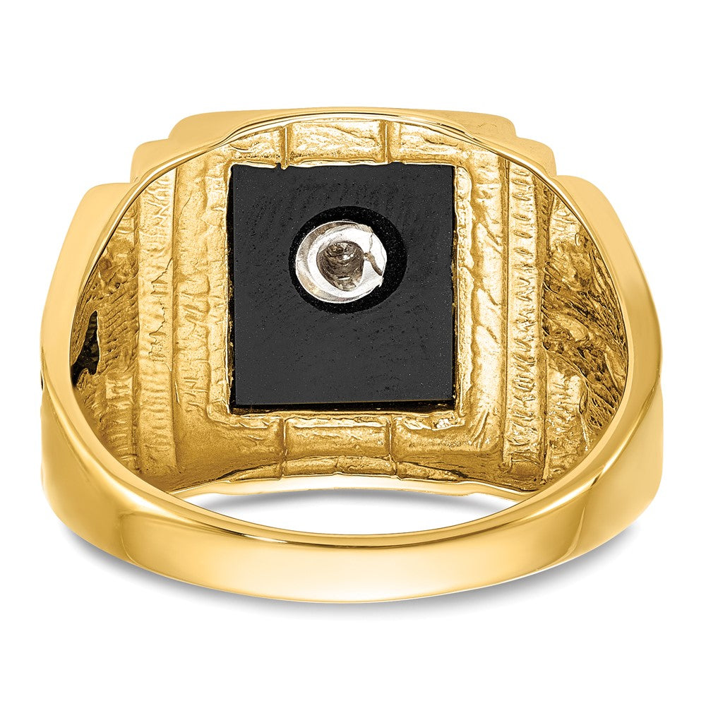 10K Yellow Gold Men'S Polished And Textured With Black Enamel Onyx Masonic Ring