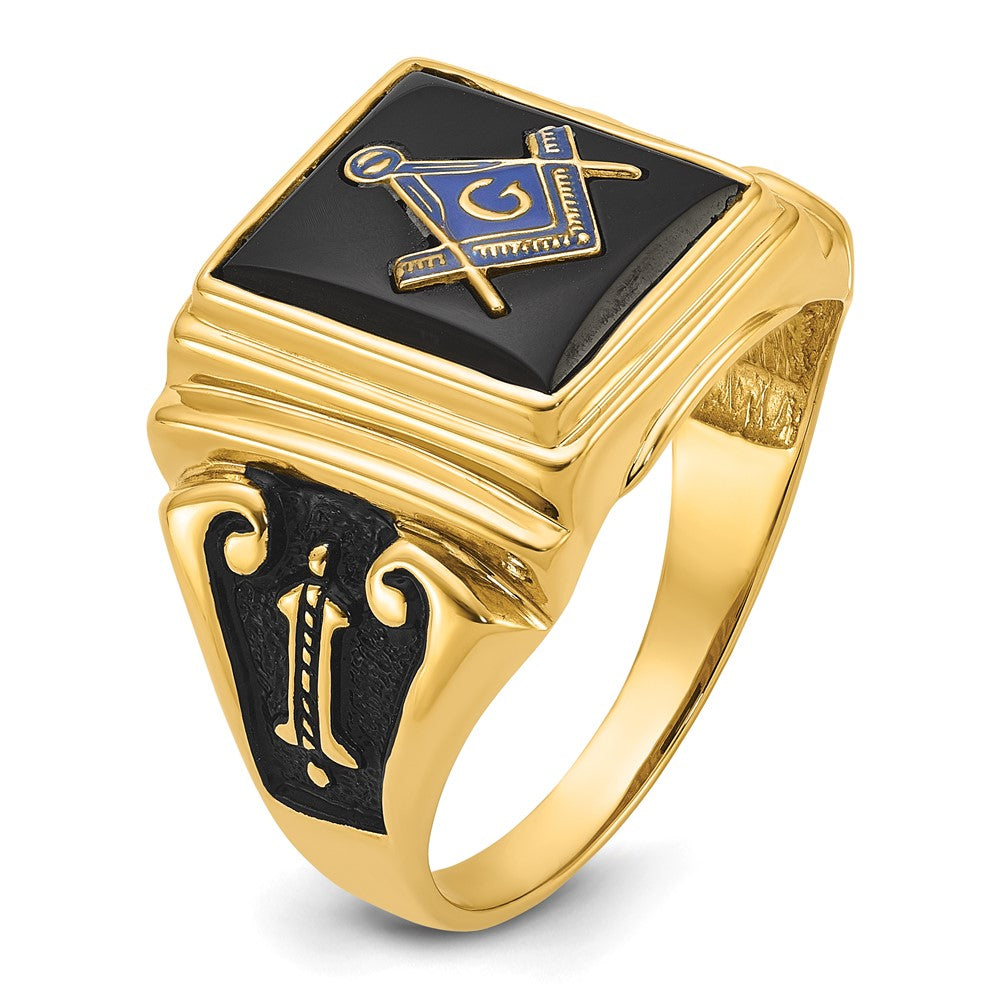 10K Yellow Gold Men'S Polished And Textured With Black Enamel Onyx Masonic Ring