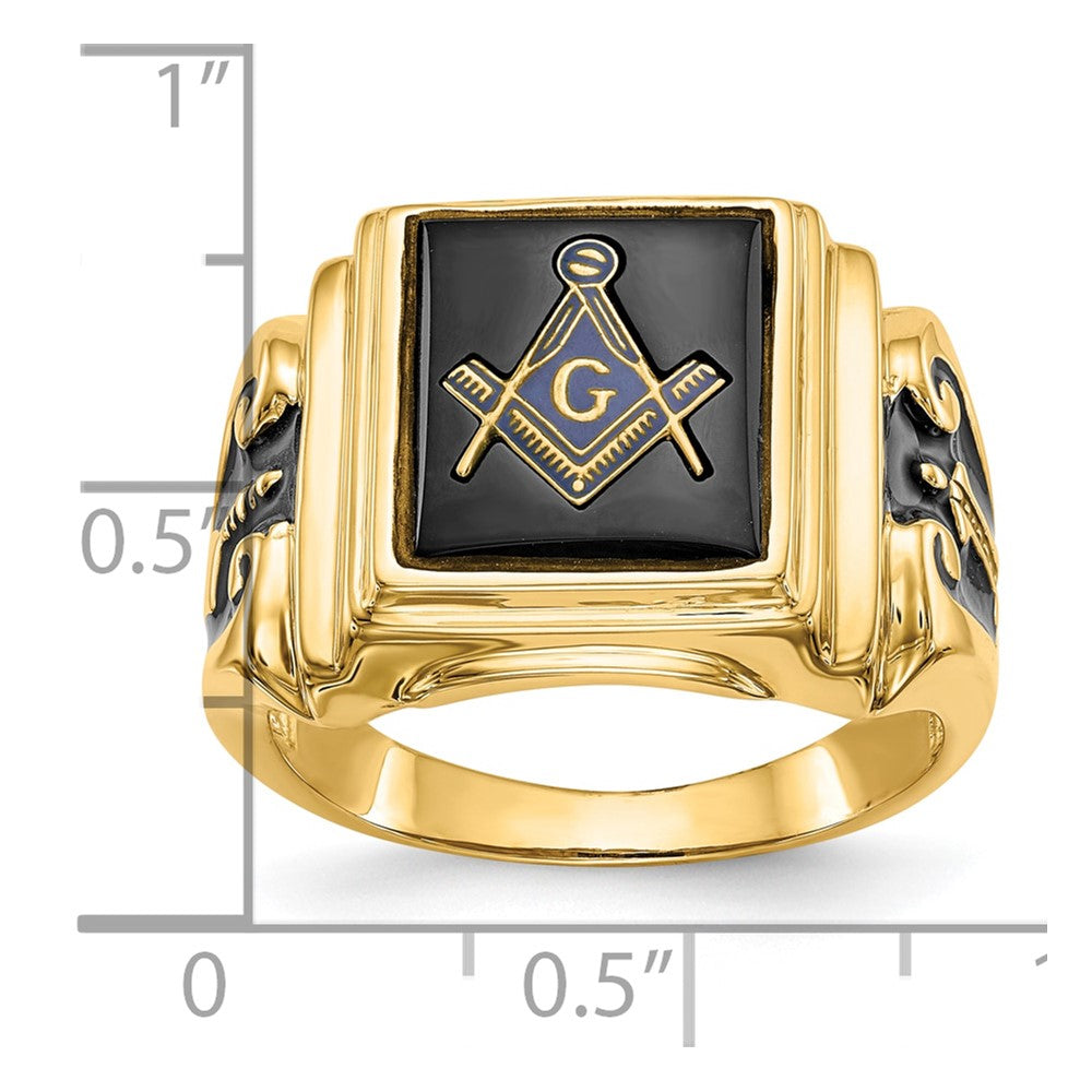 10K Yellow Gold Men'S Polished And Textured With Black Enamel Onyx Masonic Ring