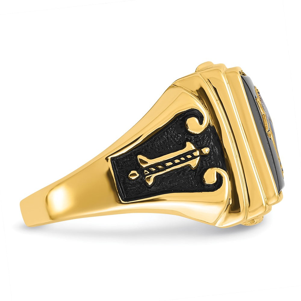 10K Yellow Gold Men'S Polished And Textured With Black Enamel Onyx Masonic Ring